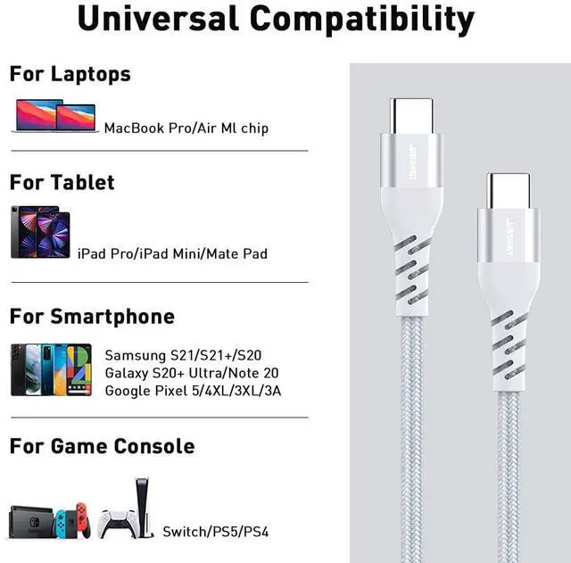 Alt view image 6 of 7 - USB C to USB C Cable,J 3 Pack (3.3ft+6.6ft+10ft) PD 60W Fast Charging Type C to Type C Cable for iPad Pro MacBook Pro Samsung Galaxy S21/S21+/S20/S20+ Ultra/Note 20 Google Pixel 5/4XL/3XL/3A L