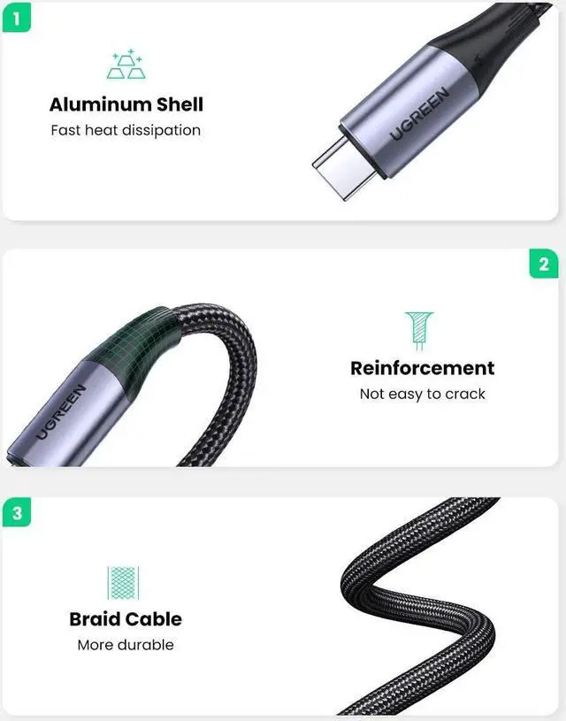 Alt view image 6 of 7 - UGREEN USB-C to USB-C Cable 100W Power Delivery USB C 3.1 Gen 2 10Gbps 4K Video Compatible with MacBook Pro Air iPad Pro 2020 Chromebook Samsung Galaxy S20 S10 Pixel 4XL PS5 Nintendo Switch 3ft