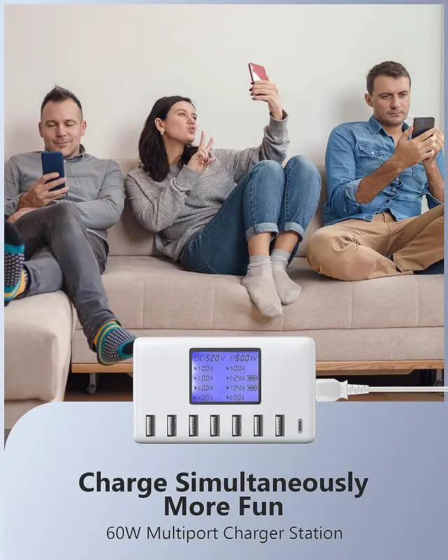 Alt view image 7 of 7 - 8-Port USB Charger Station, 60W/12A Multi Port USB C Hub with LCD Display for Multiple Devices, Compact Desktop Charging for iPhone, iPad, Samsung, Android Tablet