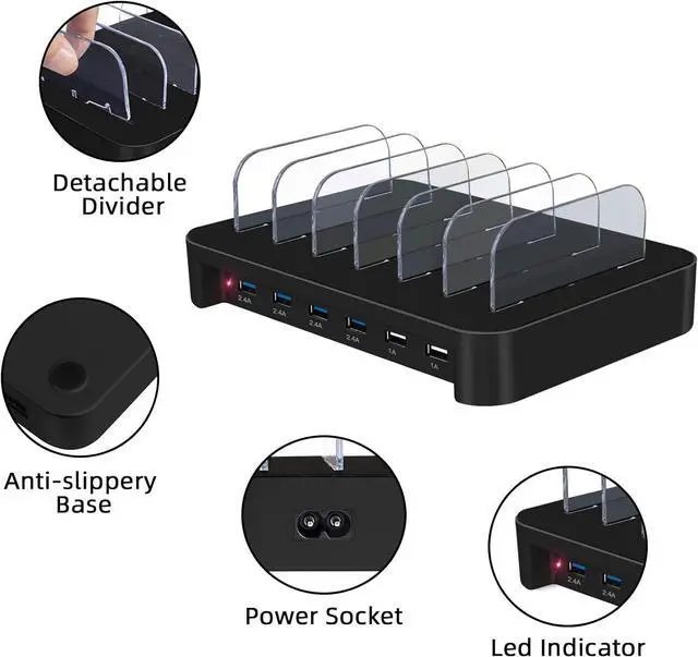 Alt view image 4 of 7 - CAIROCK 6 Ports USB Charging Station for Multiple Devices, Detachable Desktop Docking Charging Station Organizer Compatible with iPhone, iPad, Cell Phone, Tablets and More (Black)