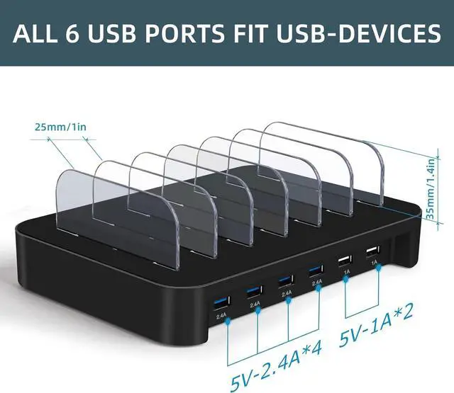 Alt view image 3 of 7 - CAIROCK 6 Ports USB Charging Station for Multiple Devices, Detachable Desktop Docking Charging Station Organizer Compatible with iPhone, iPad, Cell Phone, Tablets and More (Black)