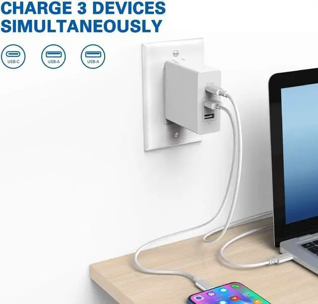 Alt view image 7 of 7 - 47W USB C Charger, Huntkey 47W USB C+18W USB A Fast Wall Charging Block PD 3 Port for iPhone 14//13/12,MacBook Air/Pro,iPad,Laptop,Galaxy S23/S12,Pixel and More,6ft USB-C Cable Included