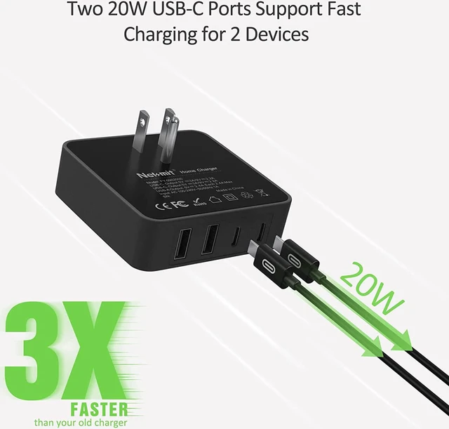 Alt view image 3 of 6 - USB C Charger Fast Thin Flat 52W 4-Port Wall Charger with Two 20W Power Delivery and 2 USB Port for iPhone 14/14 Pro/14 Pro Max Galaxy Pixel iPad Pro AirPods Pro and More Upgraded