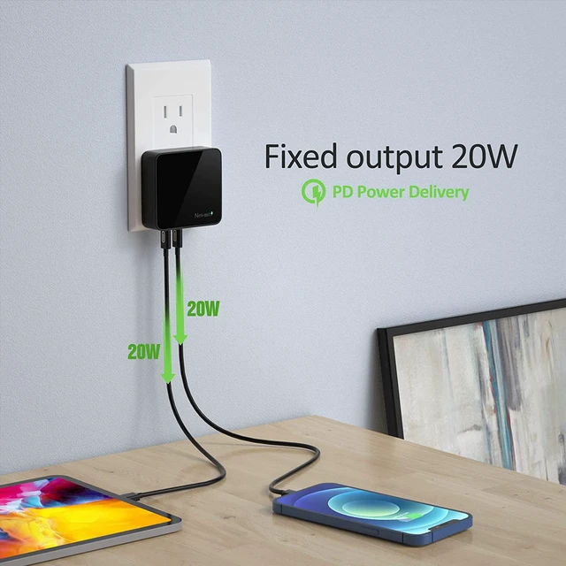Alt view image 2 of 6 - USB C Charger Fast Thin Flat 52W 4-Port Wall Charger with Two 20W Power Delivery and 2 USB Port for iPhone 14/14 Pro/14 Pro Max Galaxy Pixel iPad Pro AirPods Pro and More Upgraded