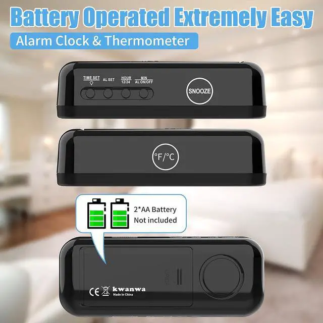 Alt view image 6 of 7 - KWANWA 2 in 1 Alarm Clock Indoor Thermometer, Digital Clock with Temperature Display, Adjustable Brightness Dimmer, 12/24Hr, Snooze, Cordless, Battery Operated, Portable Size, Small Alarm Clock