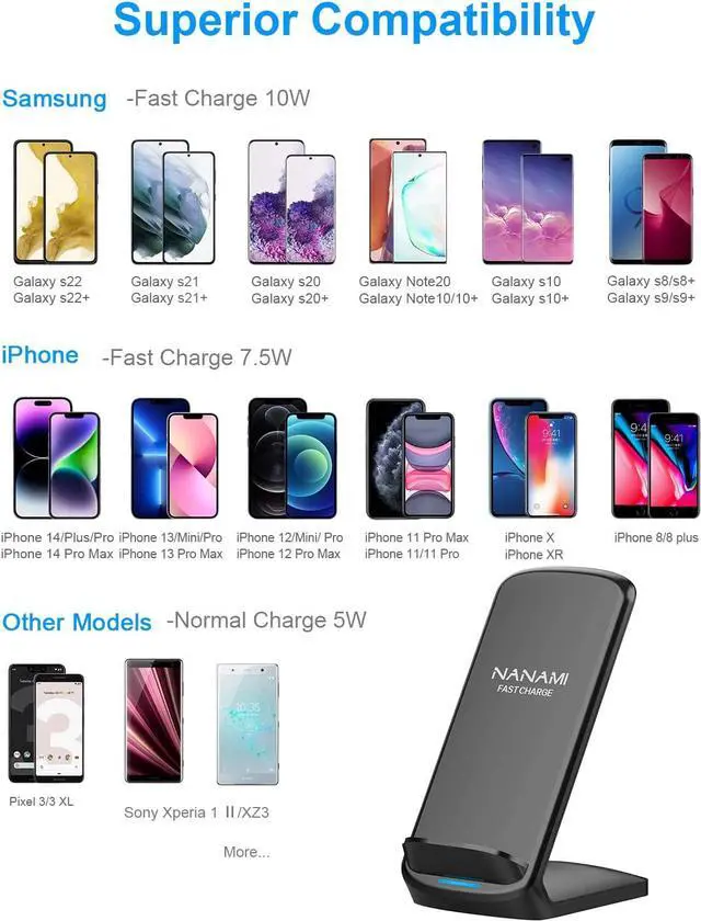 Alt view image 2 of 7 - Upgraded Fast Wireless Charger Qi-Certified Wireless Charging Stand Compatible Samsung Galaxy S23/S22/S21/S20/S10/S9 S8/Note 20 Ultra/10/9 & Qi Phone Charger for iPhone 14/13/12/SE/11/XR/XS/X/8
