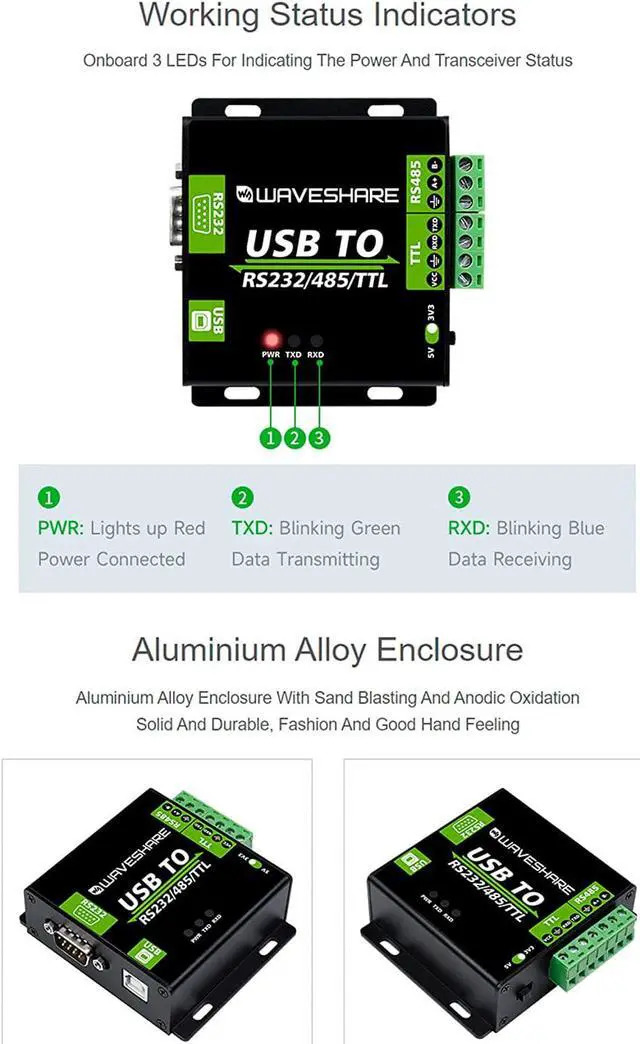 Alt view image 5 of 7 - USB to RS232/485/TTL(UART) Industrial Isolated Converter with Original FT232RL Inside and Power Isolation ADI Magnetical Isolation TVS Diode Protection Circuit Aluminium Alloy Enclosure