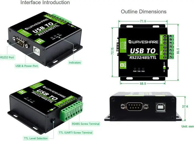 Alt view image 7 of 7 - USB to RS232/485/TTL(UART) Industrial Isolated Converter with Original FT232RL Inside and Power Isolation ADI Magnetical Isolation TVS Diode Protection Circuit Aluminium Alloy Enclosure