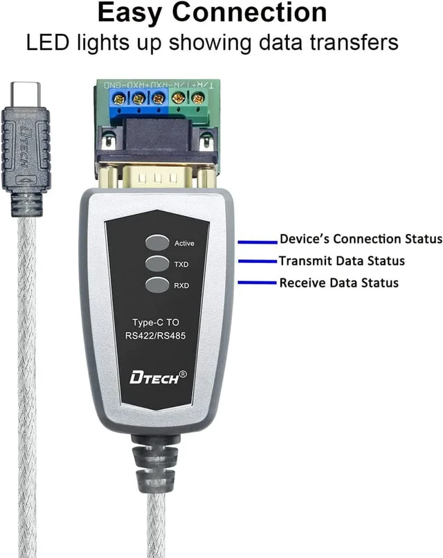 Alt view image 2 of 7 - D 3 Feet USB-C to RS422 RS485 Serial Adapter Cable with FTDI Chip Breakout Board LED Indicators USB C to RS-485 RS-422 Converter Supports Windows 10 8 7 XP Mac