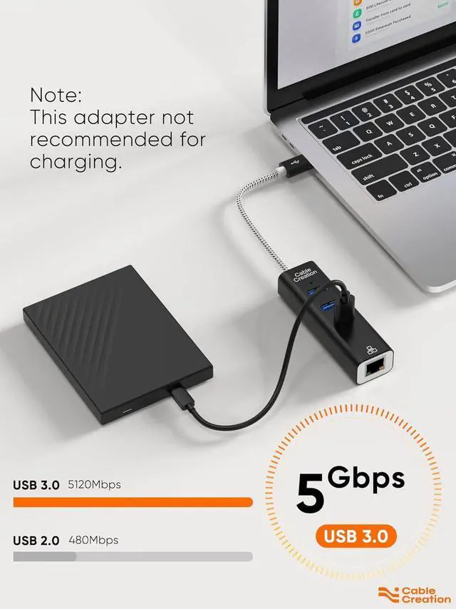 Alt view image 5 of 7 - CableCreation 3-Port USB 3.0 Hub with Ethernet Adapter 10/100/1000 Mbps Gigabit Compatible Windows PC, Laptop, MacBook Pro,USB Flash Drives etc, Aluminum Black