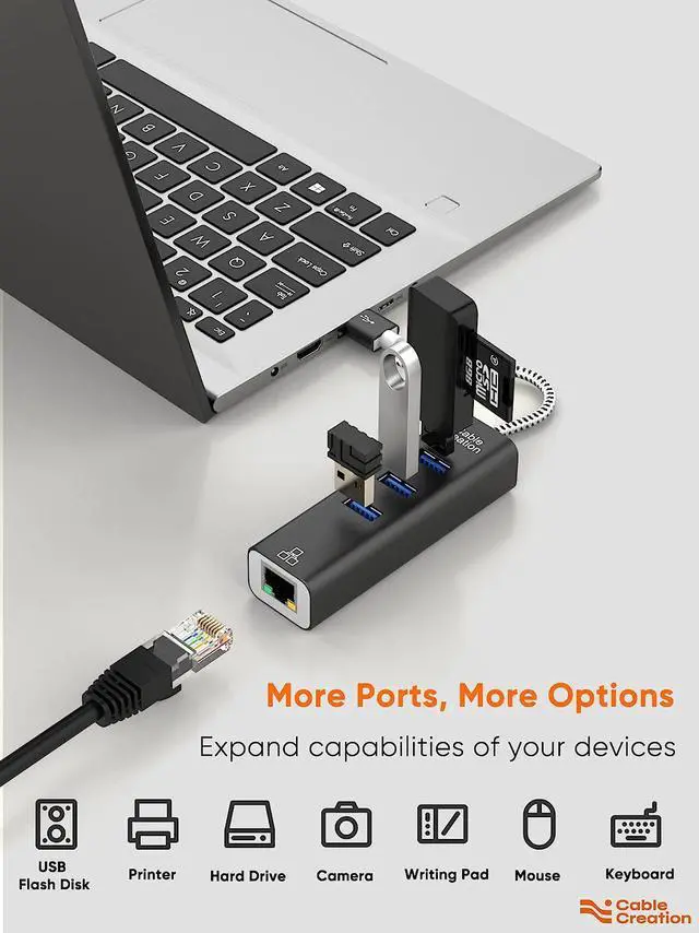 Alt view image 3 of 7 - CableCreation 3-Port USB 3.0 Hub with Ethernet Adapter 10/100/1000 Mbps Gigabit Compatible Windows PC, Laptop, MacBook Pro,USB Flash Drives etc, Aluminum Black