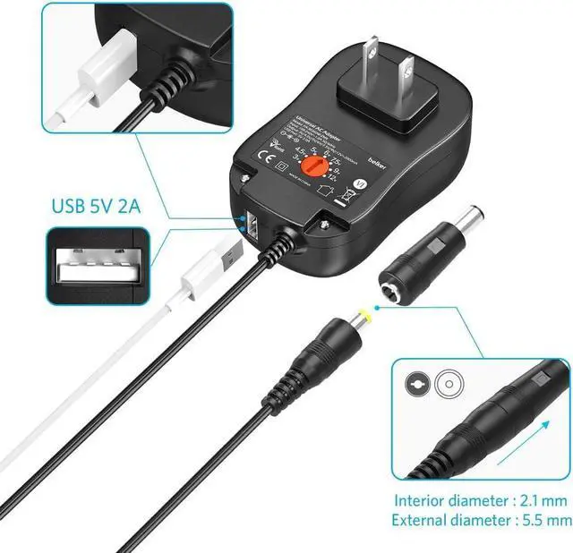 Alt view image 5 of 7 - 30W Universal 3V 4.5V 5V 6V 7.5V 9V 12V AC DC Adapter Power Supply for LED Light Strip Router Speaker Smart Phone Tablet CCTV IP Camera TV Box 0.5A 1A 1.5A 2A 2000mA Amp - with 5V 2A USB