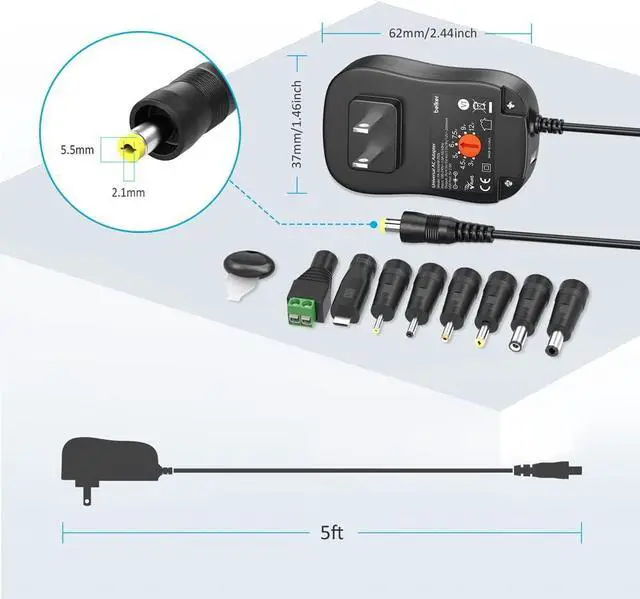 Alt view image 4 of 7 - 30W Universal 3V 4.5V 5V 6V 7.5V 9V 12V AC DC Adapter Power Supply for LED Light Strip Router Speaker Smart Phone Tablet CCTV IP Camera TV Box 0.5A 1A 1.5A 2A 2000mA Amp - with 5V 2A USB