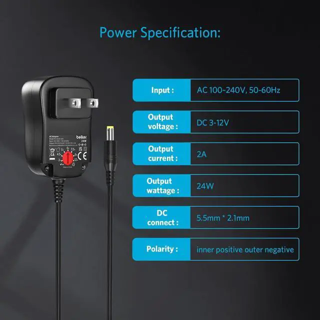 Alt view image 4 of 7 - Belker 24W Universal 3V 4.5V 5V 6V 7.5V 9V 12V AC DC Adapter Power Supply for Household Electronics Smartphone Mp3 Routers TV Boxes LCD Tablets CCTV Cameras Max. 2000mA