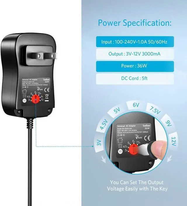 Alt view image 5 of 7 - 36W Universal 3V 4.5V 5V 6V 7.5V 9V 12V AC DC Power Adapter Supply for Household Electronics Routers TV Boxes LCD CCTV Cameras - 0.5A 1A 1.5A 2A 2.5A 3A 2500mA Max. - OEM