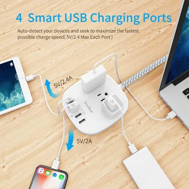Alt view image 2 of 5 - Desktop Power Strip with 3 Outlet 4 USB Ports 4.5A, Flat Plug and 5 ft Long Braided Extension Cords for Cruise Ship Travel Home Office, ETL Listed