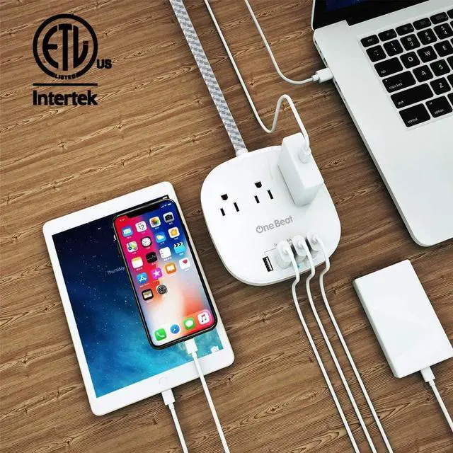Alt view image 4 of 5 - Desktop Power Strip with 3 Outlet 4 USB Ports 4.5A, Flat Plug and 5 ft Long Braided Extension Cords for Cruise Ship Travel Home Office, ETL Listed