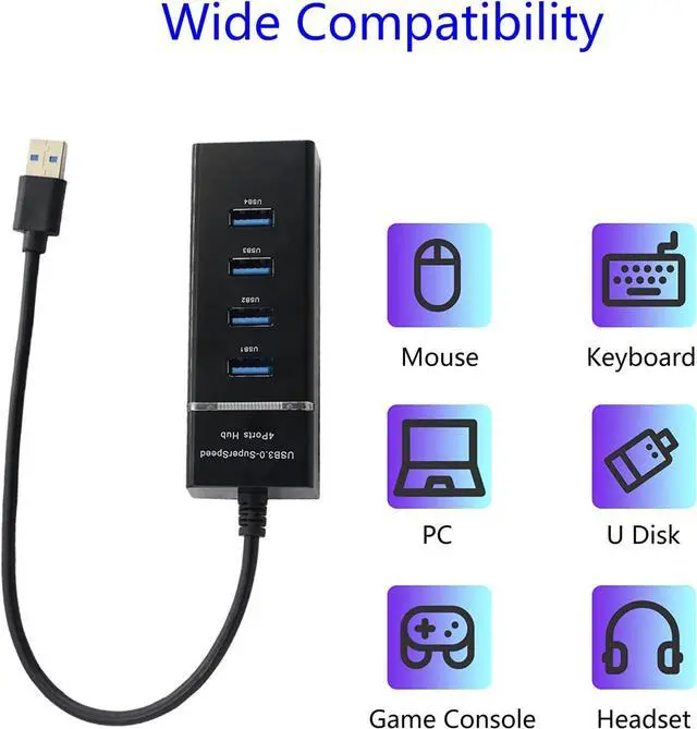 Alt view image 3 of 6 - QIANRENON 4-Port USB 3.0 Hub Splitter 5Gbps USB Data Hub 4 in 1 with LED Indication for Windows PC, Mac, Surface Pro,Laptop, Printer,30cm,Black