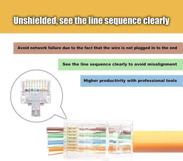 Alt view image 2 of 3 - VCELINK RJ45 Cat5e/Cat5 Pass Through Connectors, 100-Pack Ethernet Ends, RJ45 Modular Plugs for Solid or Stranded UTP Network Cable