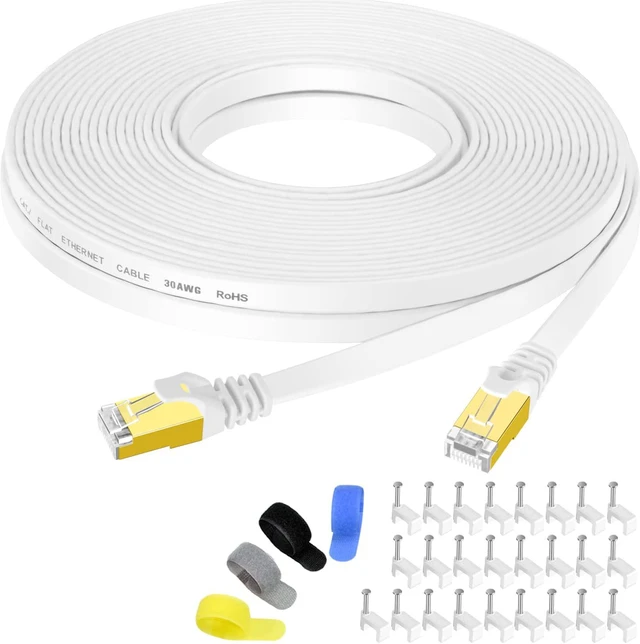 Main image of Cat7 Shielded Ethernet Cable 50ft White (Highest Speed Cable) Flat Internet Network Cable Support Cat5/Cat6 Network,600Mhz,10Gbps + Free Clips and Straps for Router Xbox Modem