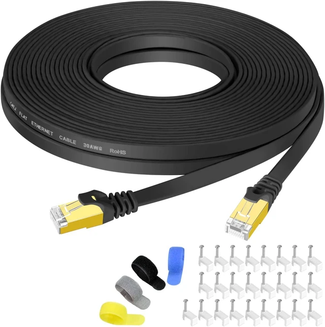 Main image of Cat7 Shielded Ethernet Cable 50ft (Highest Speed Cable) Flat Ethernet Patch Cable Support Cat5/Cat5e/Cat6 Network,600Mhz,10Gbps - Black Computer Cord + Free Clips and Straps for Router Xbox Modem