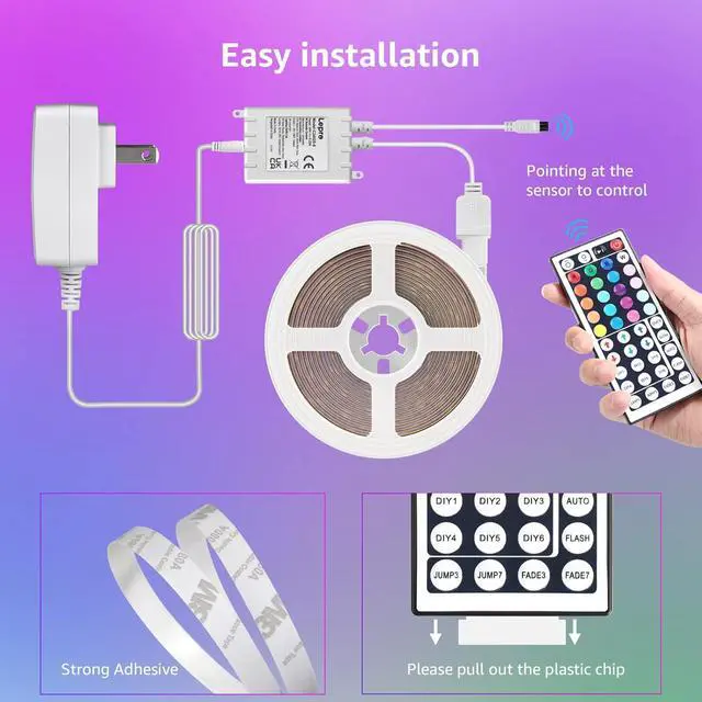 Alt view image 6 of 7 - LED Strip Lights 39.4Ft RGB LED Strips 5050 SMD LED Color Changing Strip Light with 44 Keys Remote Controller and 24V Power Supply Ideal for Christmas Decorations Bedroom Home TV Backlight