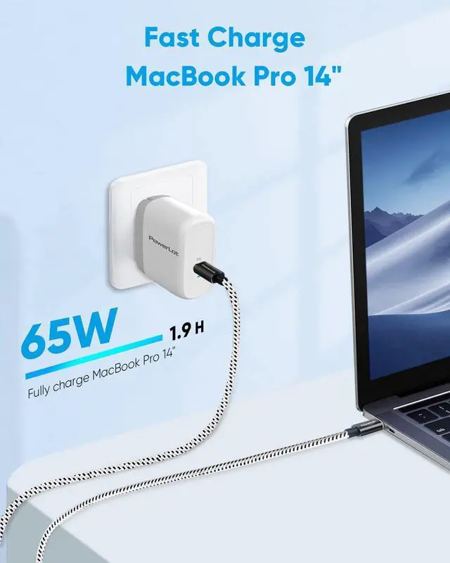 Alt view image 2 of 7 - PowerLot USB C Wall Charger, GaN 65W USB C Charger Block with 6ft Type C Cable, PD Fast Charger for iPhone 15/14/13, iPad Pro, Pixel 7/6, 60W Power Adapter Laptop MacBook Pro/Air Charger