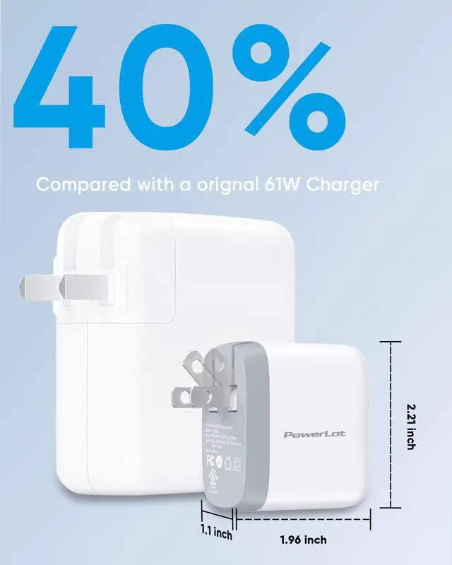 Alt view image 4 of 7 - PowerLot USB C Wall Charger, GaN 65W USB C Charger Block with 6ft Type C Cable, PD Fast Charger for iPhone 15/14/13, iPad Pro, Pixel 7/6, 60W Power Adapter Laptop MacBook Pro/Air Charger