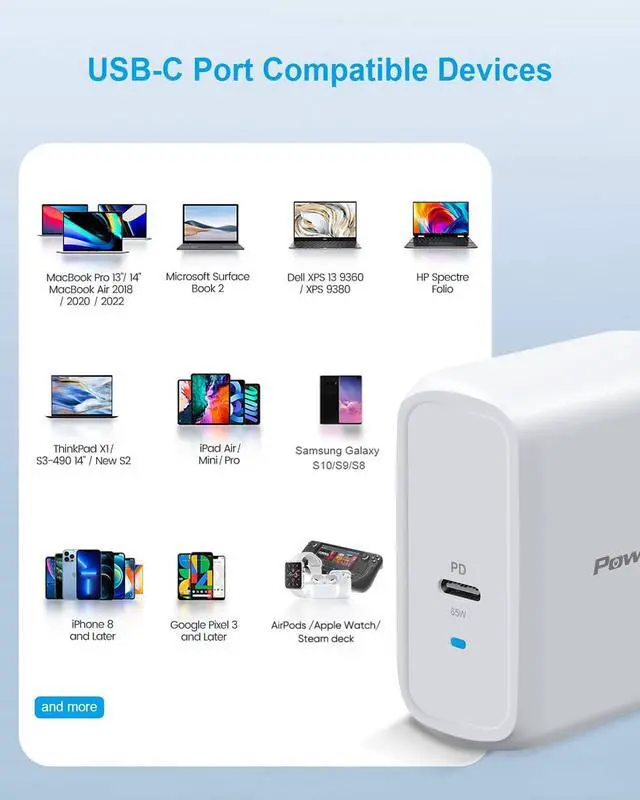 Alt view image 6 of 7 - PowerLot USB C Wall Charger, GaN 65W USB C Charger Block with 6ft Type C Cable, PD Fast Charger for iPhone 15/14/13, iPad Pro, Pixel 7/6, 60W Power Adapter Laptop MacBook Pro/Air Charger