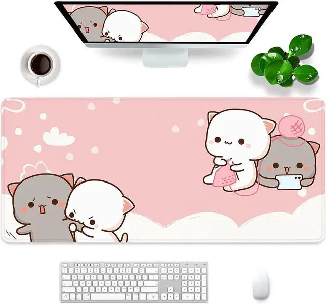 Main image of Pink Large Gaming Mouse Pad Cat Desk Pad XXL Cute Mouse Mat 35x15.7x0.12 inch Desk Accessories Kawaii Desk Mat (Pink Cat -2)