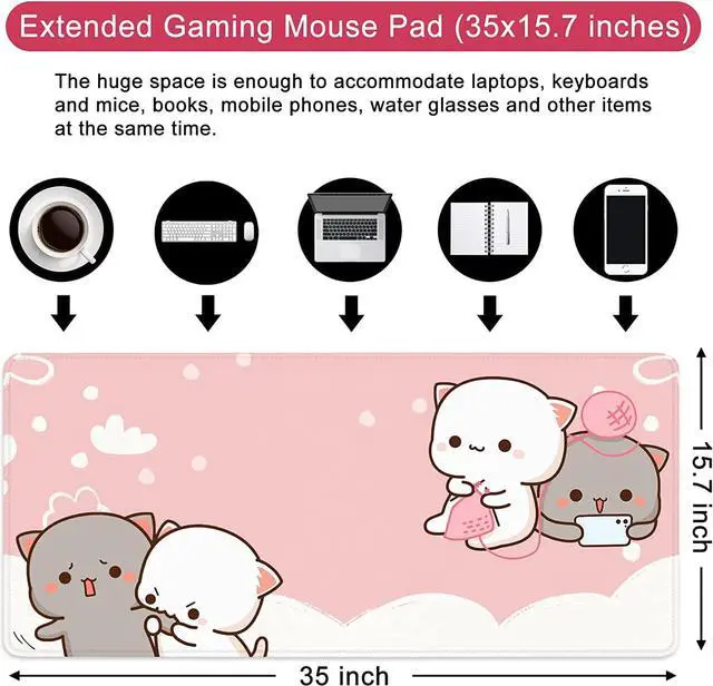 Alt view image 3 of 6 - Pink Large Gaming Mouse Pad Cat Desk Pad XXL Cute Mouse Mat 35x15.7x0.12 inch Desk Accessories Kawaii Desk Mat (Pink Cat -2)