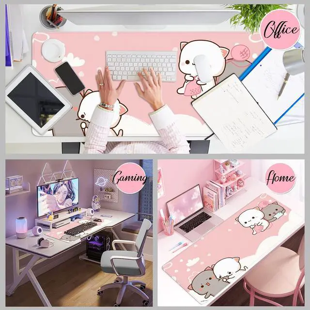 Alt view image 6 of 6 - Pink Large Gaming Mouse Pad Cat Desk Pad XXL Cute Mouse Mat 35x15.7x0.12 inch Desk Accessories Kawaii Desk Mat (Pink Cat -2)