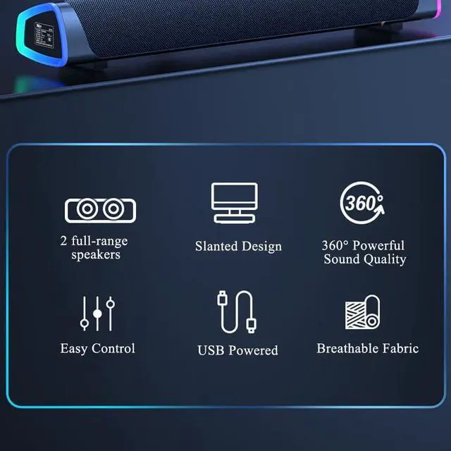 Alt view image 7 of 7 - SOULION R30 Computer Speakers, USB Powered 3.5mm AUX Small PC Speakers, Colorful LED Lights with Switch Button, Surround Sound Portable Computer Sound Bar Speaker for Desktop Laptop Gray