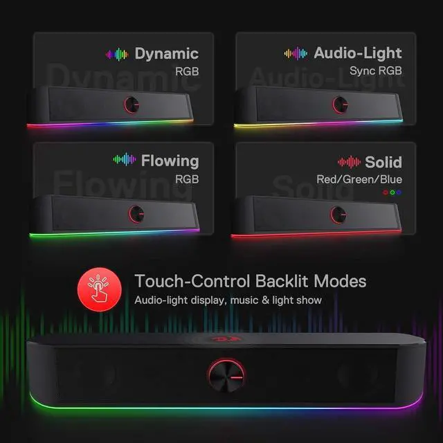 Alt view image 4 of 7 - GS560 RGB Desktop Soundbar, 2.0 Channel Computer Speaker with Dynamic Lighting Bar Audio-Light Sync/Display, Touch-Control Backlit with Volume Knob, USB Powered w/ 3.5mm Cable, Black
