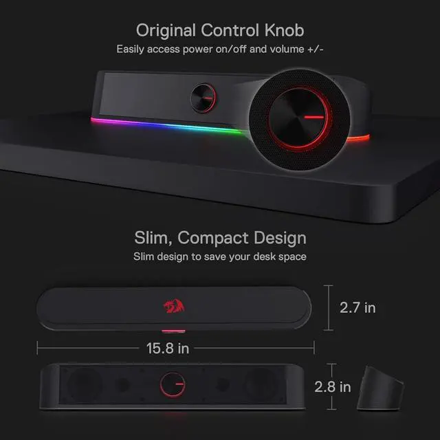 Alt view image 7 of 7 - GS560 RGB Desktop Soundbar, 2.0 Channel Computer Speaker with Dynamic Lighting Bar Audio-Light Sync/Display, Touch-Control Backlit with Volume Knob, USB Powered w/ 3.5mm Cable, Black