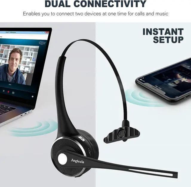 Alt view image 6 of 7 - Trucker Bluetooth Headset with Microphone Wireless Cell Phone Headset with Noise Canceling Mic Charging Base Mute Function for Home Office Call Center Skype