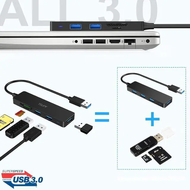 Alt view image 7 of 7 - TSUPY USB 3.0 Hub 5 Port with 3 USB 3.0 5Gbps + SD/TF Card Reader USB 3 Splitter USB Adapter Extender USB 3.0 Hub for MacBook Computer PC and USB Stick SD Card, More