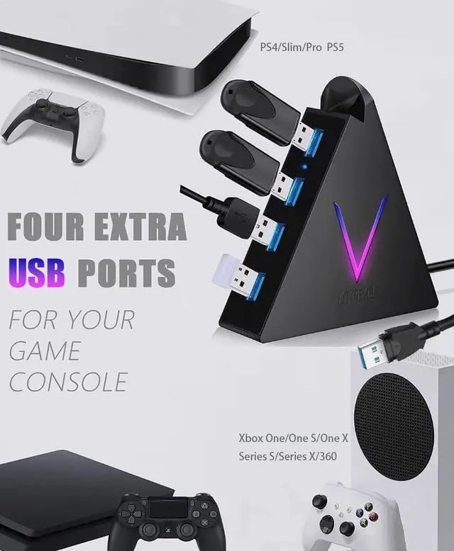 Alt view image 3 of 7 - JoyReken 4-Port USB 3.0 Hub, FlyingVHUB Vertical Data USB Hub with 2 ft Extended Cable, for Mac, PC, Xbox One, PS4, PS5, iMac, Surface Pro, XPS, Laptop, Desktop, Flash Drive, Mobile HDD