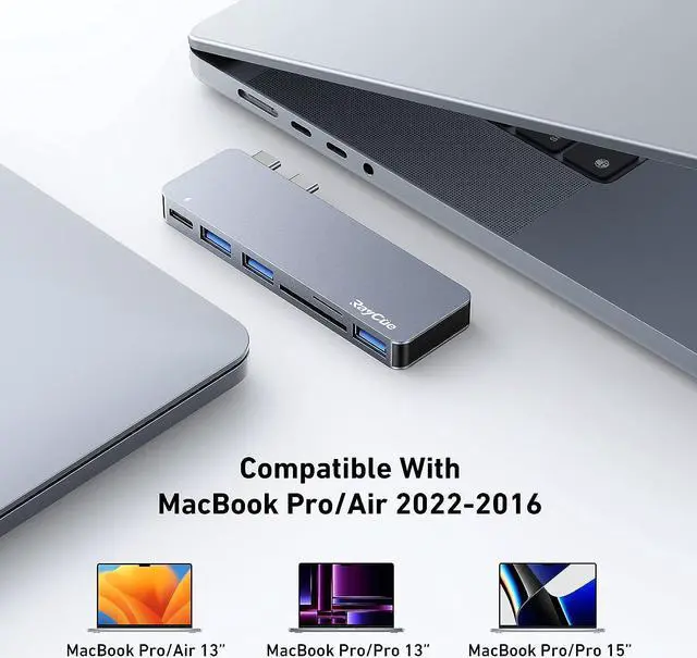 Alt view image 6 of 6 - USB C Hub Adapters for MacBook Pro/MacBook Air M1 M2 2022 2021 2020 2019 13" 14" 15" 16", RayCue 6-in-2 Multiport MacBook Adapter with Thunderbolt 3, 3 USB 3.0 Ports, SD/TF Card Reader
