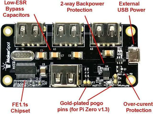 Alt view image 2 of 3 - MakerSpot 4-Port Stackable USB Hub HAT for Raspberry Pi Zero W V1.3 & Pi Zero W /2W with 2.4A Power Supply & 1.5m Micro USB Cable with On Off Switch