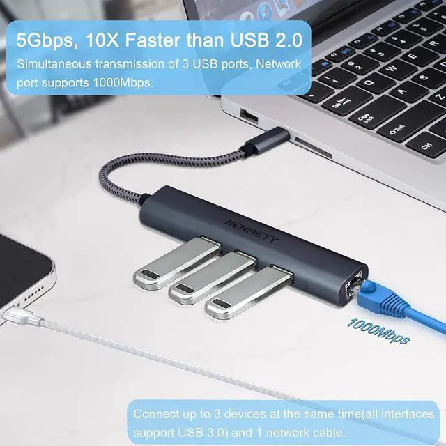Alt view image 2 of 6 - USB to Ethernet Adapter, 4-in-1 Portable Data Hub USB Splitter USB 3.0 Expander with RJ45 Gigabit Ethernet LAN Network Adapter Support Windows 10,8.1,Mac OS, Surface Pro,Linux,Chromebook and More