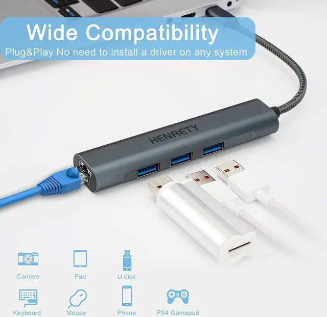 Alt view image 3 of 6 - USB to Ethernet Adapter, 4-in-1 Portable Data Hub USB Splitter USB 3.0 Expander with RJ45 Gigabit Ethernet LAN Network Adapter Support Windows 10,8.1,Mac OS, Surface Pro,Linux,Chromebook and More