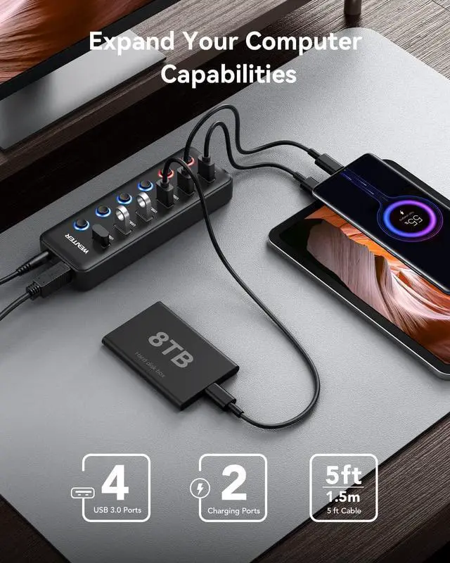 Alt view image 2 of 7 - Powered USB Hub, Wenter 6-Port USB 3.0 Hub Splitter (4 USB 3.0 Data Ports + 2 QC 3.0 Fast Charging Ports) with Individual LED On/Off Switches, USB Hub 3.0 Powered with 36W AC Adapter for Mac, PC