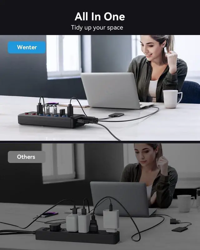 Alt view image 5 of 7 - Powered USB Hub, Wenter 6-Port USB 3.0 Hub Splitter (4 USB 3.0 Data Ports + 2 QC 3.0 Fast Charging Ports) with Individual LED On/Off Switches, USB Hub 3.0 Powered with 36W AC Adapter for Mac, PC