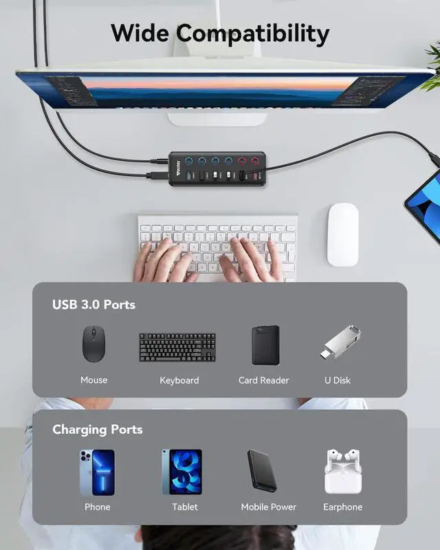 Alt view image 7 of 7 - Powered USB Hub, Wenter 6-Port USB 3.0 Hub Splitter (4 USB 3.0 Data Ports + 2 QC 3.0 Fast Charging Ports) with Individual LED On/Off Switches, USB Hub 3.0 Powered with 36W AC Adapter for Mac, PC
