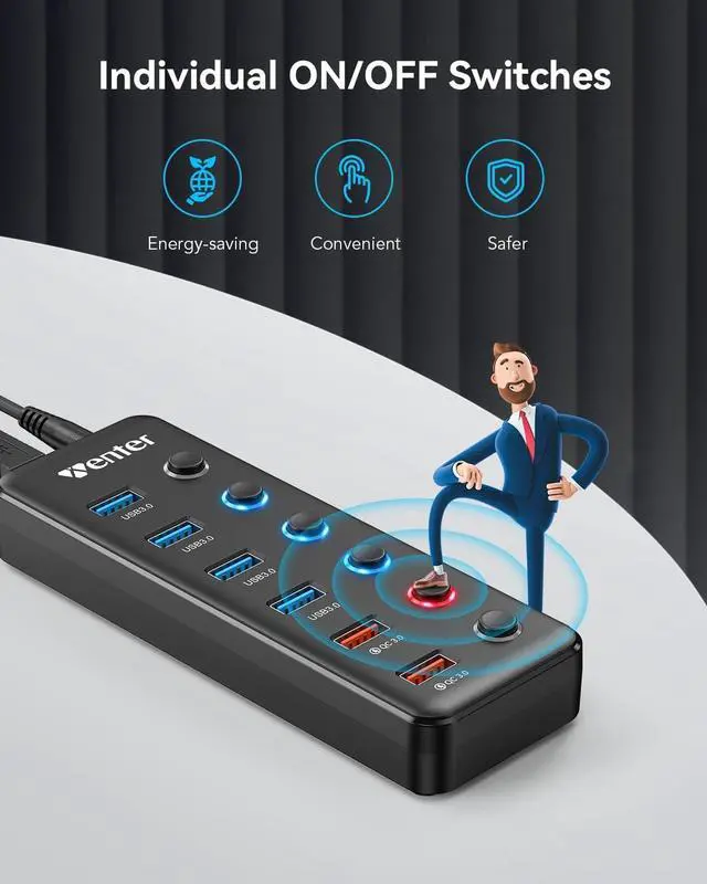 Alt view image 6 of 7 - Powered USB Hub, Wenter 6-Port USB 3.0 Hub Splitter (4 USB 3.0 Data Ports + 2 QC 3.0 Fast Charging Ports) with Individual LED On/Off Switches, USB Hub 3.0 Powered with 36W AC Adapter for Mac, PC