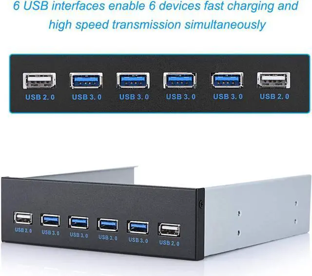 Alt view image 2 of 7 - 6-Ports 5.25 inch Metal Front Panel USB Hub, USB 3.0 & 2-Port USB 2.0 6 Interface Metal Front Panel USB Hub Fits Any 5.25 Computer Case Front Bay