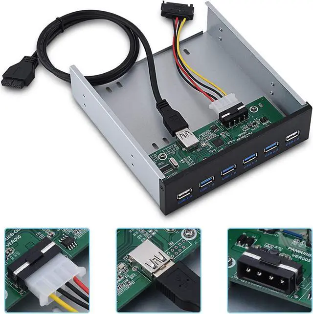 Alt view image 3 of 7 - 6-Ports 5.25 inch Metal Front Panel USB Hub, USB 3.0 & 2-Port USB 2.0 6 Interface Metal Front Panel USB Hub Fits Any 5.25 Computer Case Front Bay