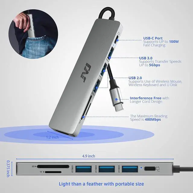Alt view image 2 of 7 - USB C Hub Multiport Adapter, JVJ 7-in-1 Type C Hub with 4K HDTV, USB 3.0, 100W PD, SD/TF Card Reader, USB C Dongle for MacBook Pro/Air/M1/M2, iPad Pro, Dell XPS Thunderbolt 3 Hub Multiport Adapter