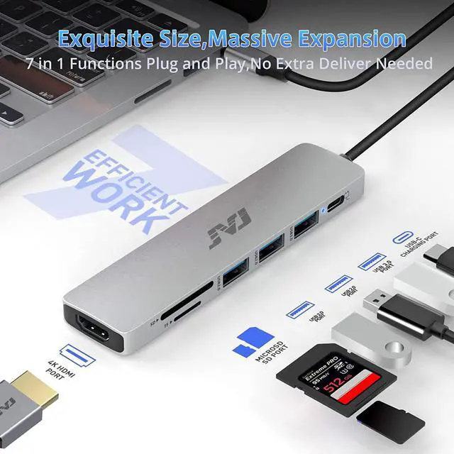 Alt view image 3 of 7 - USB C Hub Multiport Adapter, JVJ 7-in-1 Type C Hub with 4K HDTV, USB 3.0, 100W PD, SD/TF Card Reader, USB C Dongle for MacBook Pro/Air/M1/M2, iPad Pro, Dell XPS Thunderbolt 3 Hub Multiport Adapter